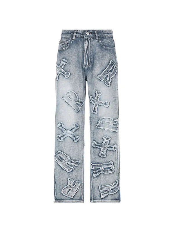 Letter Patch Faded Boyfriend Jeans