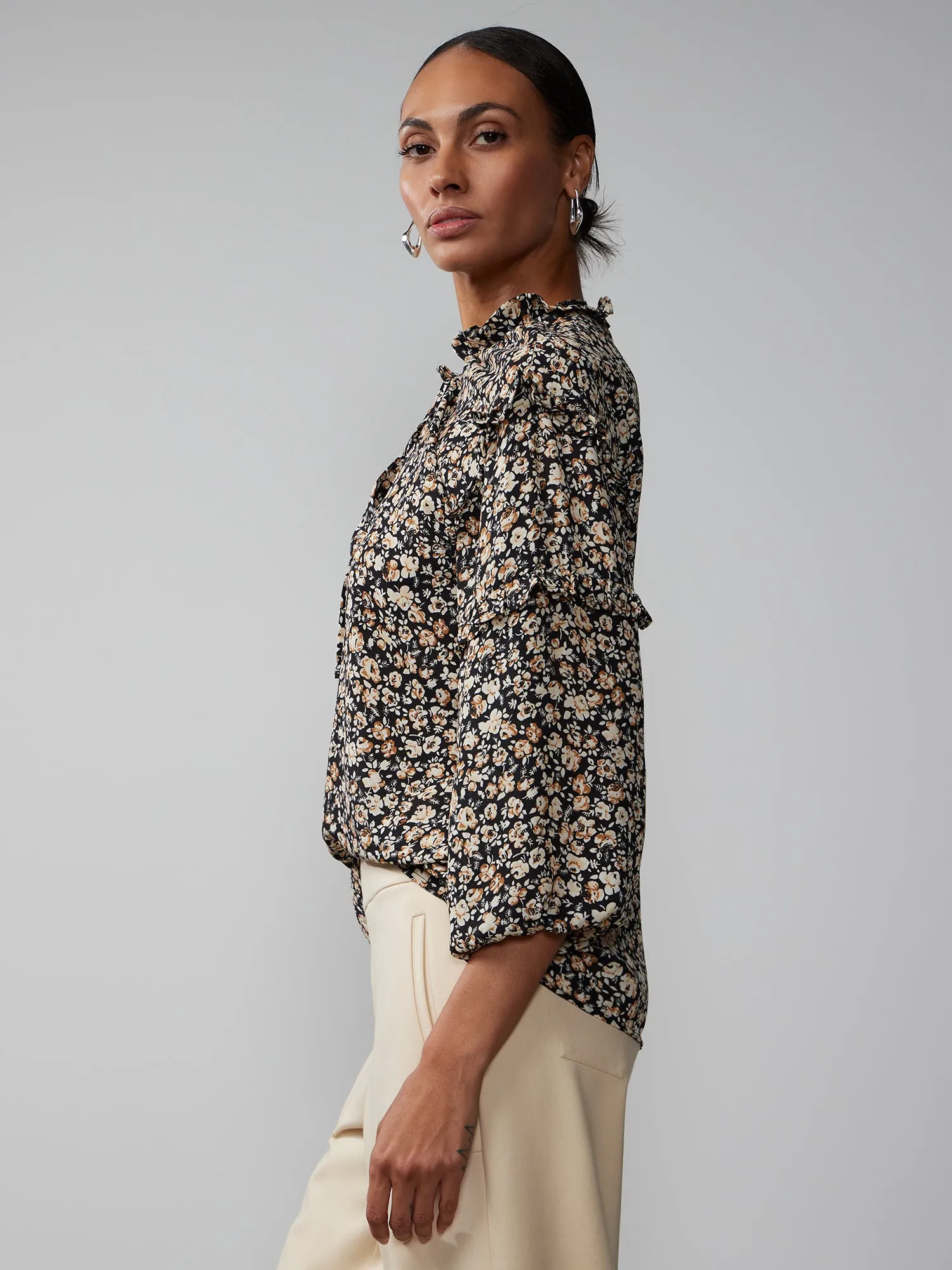 Long Sleeve Ruffle Detail Floral Print Top