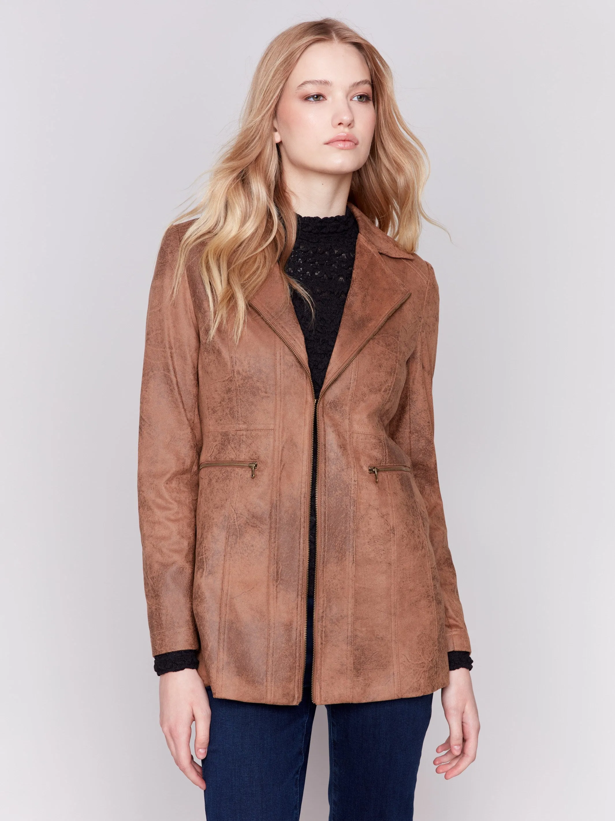 Long Vintage Faux Suede Jacket - Truffle