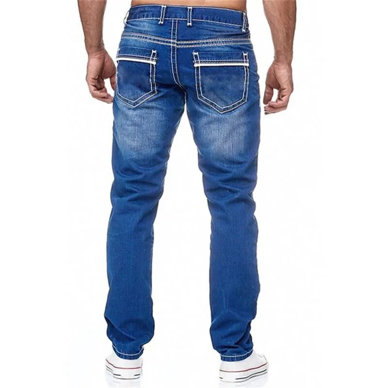 Men Jeans Solid Pockets Stretch Denim Straight Pants - MJN0054