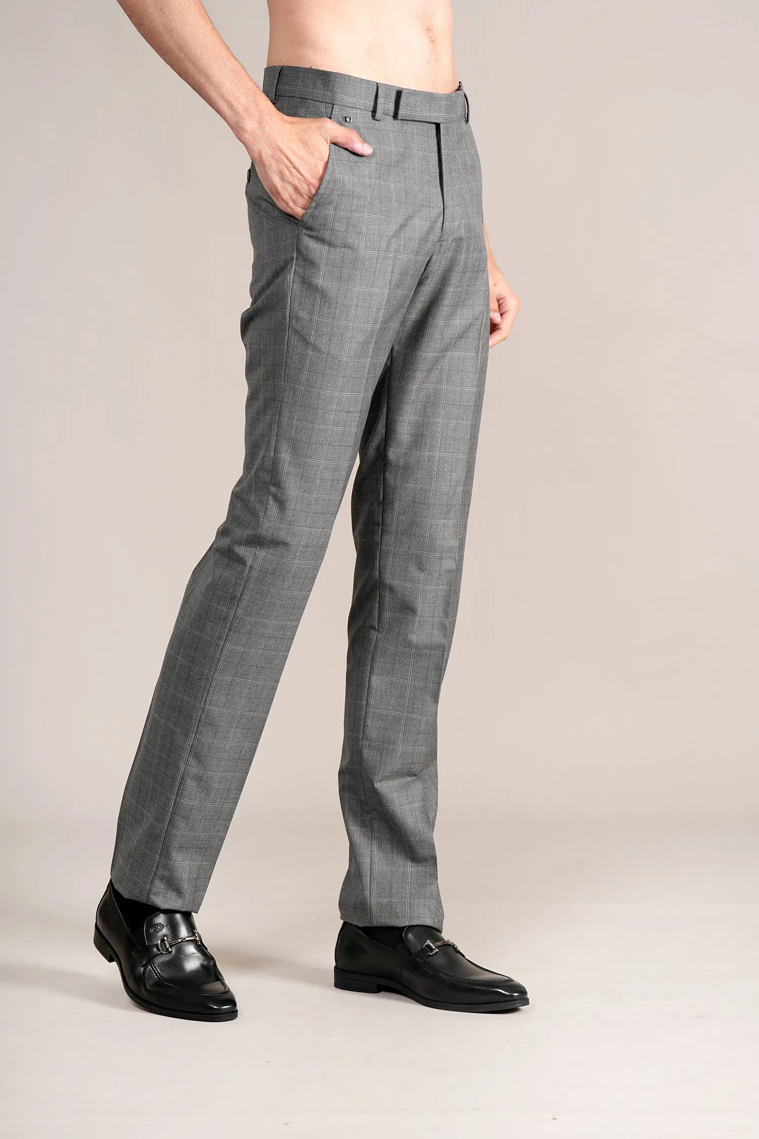 Men's Dark Grey Self Design Non-Pleated Formal Trouser