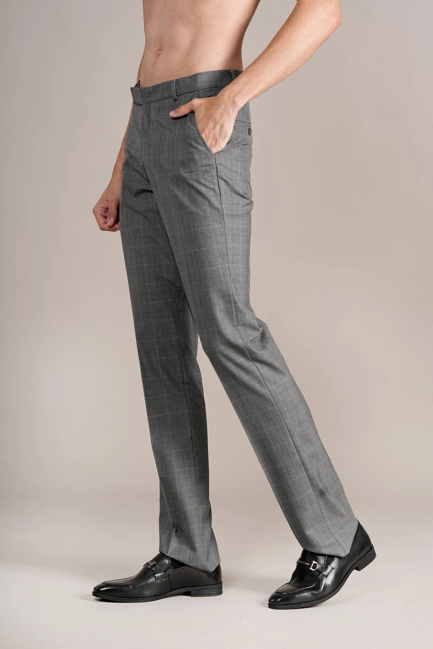 Men's Dark Grey Self Design Non-Pleated Formal Trouser