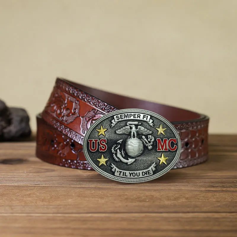 Men's DIY US Marine Corps Buckle Leather Belt