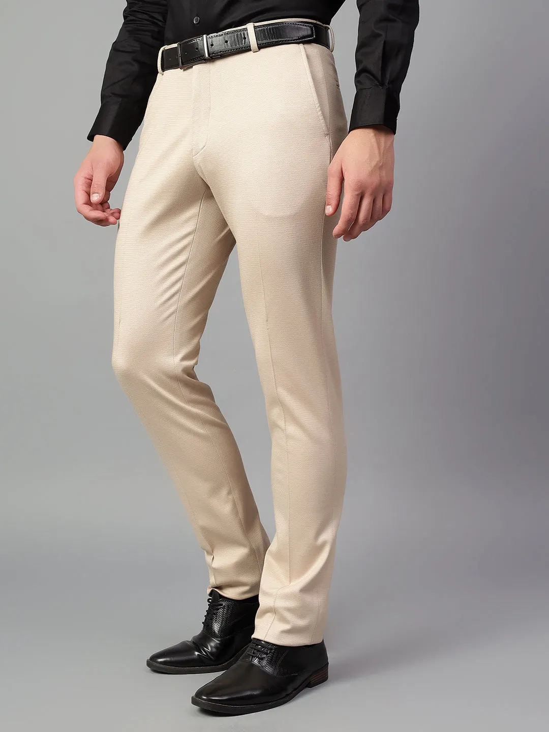 Men's Fawn Self Design Non-Pleated Formal Trouser