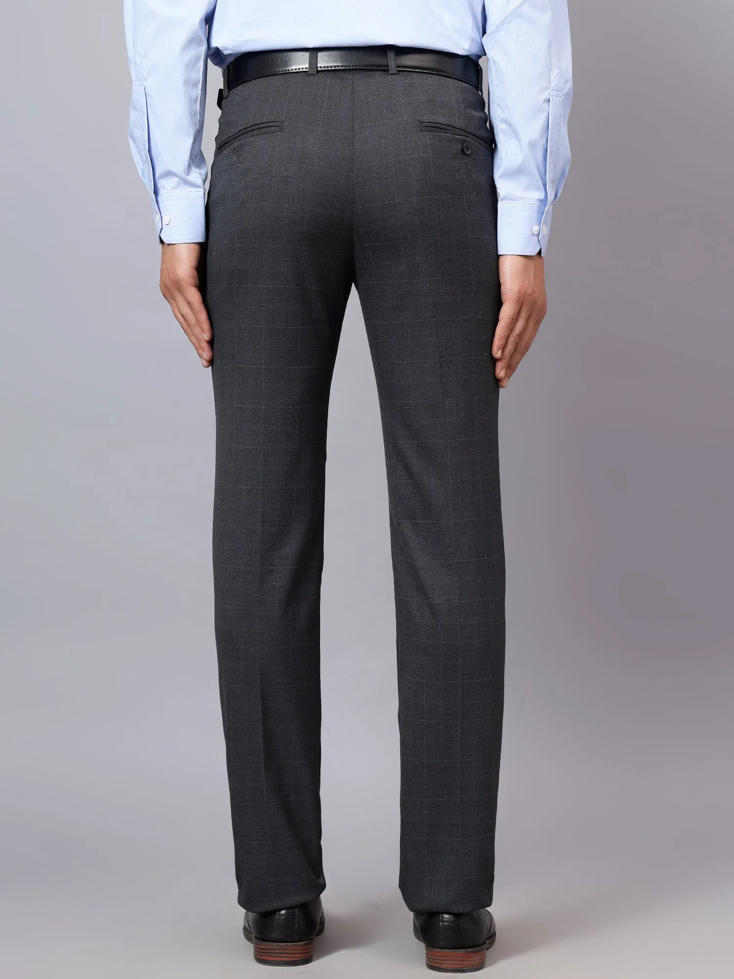 Men's Grey Checkered Non-Pleated Formal Trouser