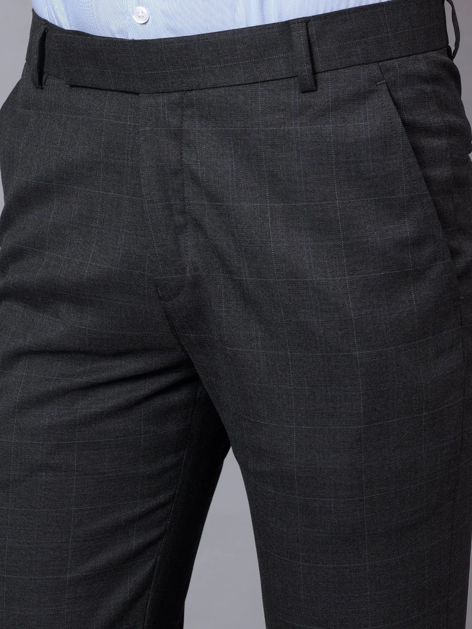 Men's Grey Checkered Non-Pleated Formal Trouser