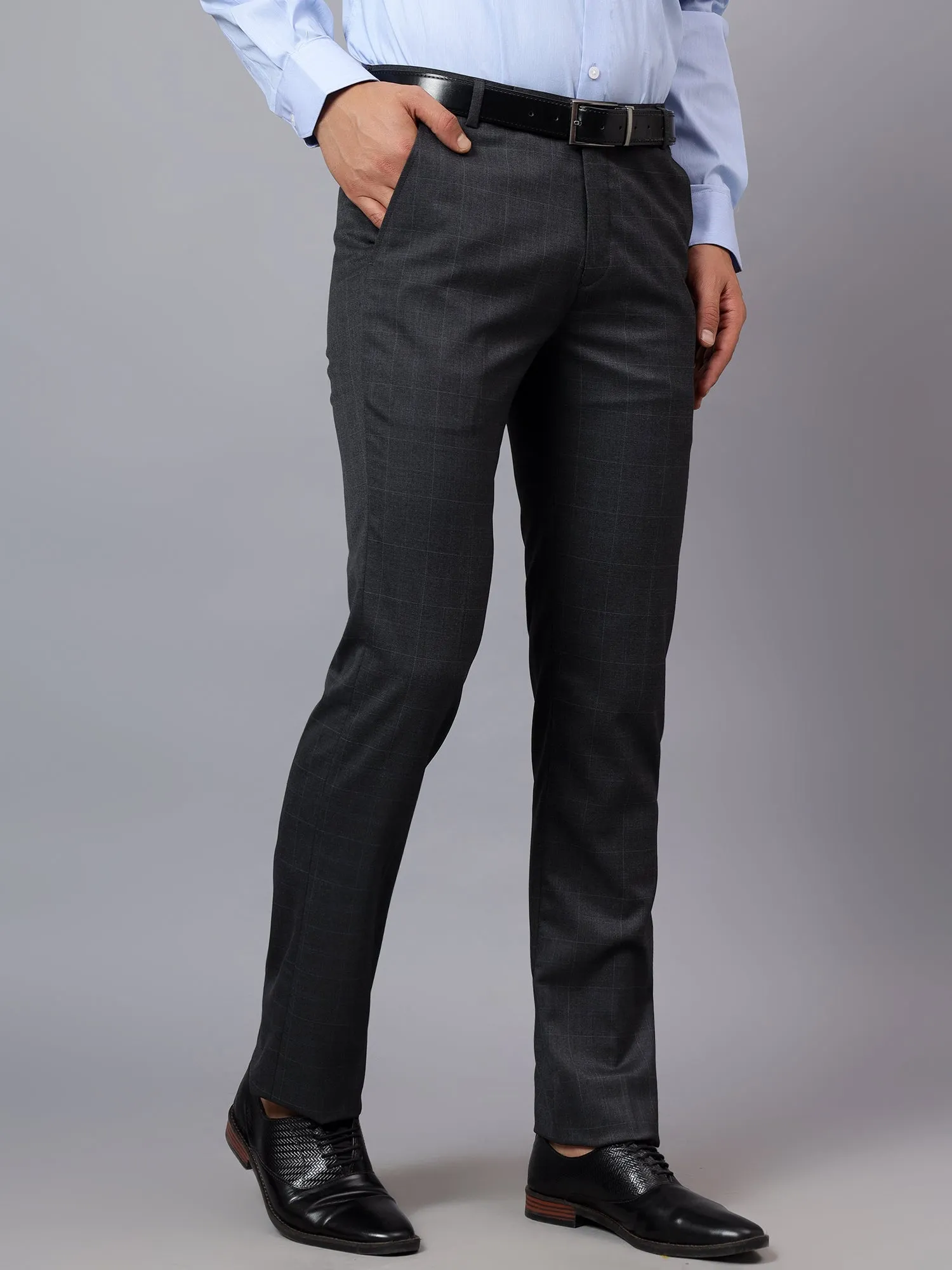 Men's Grey Checkered Non-Pleated Formal Trouser