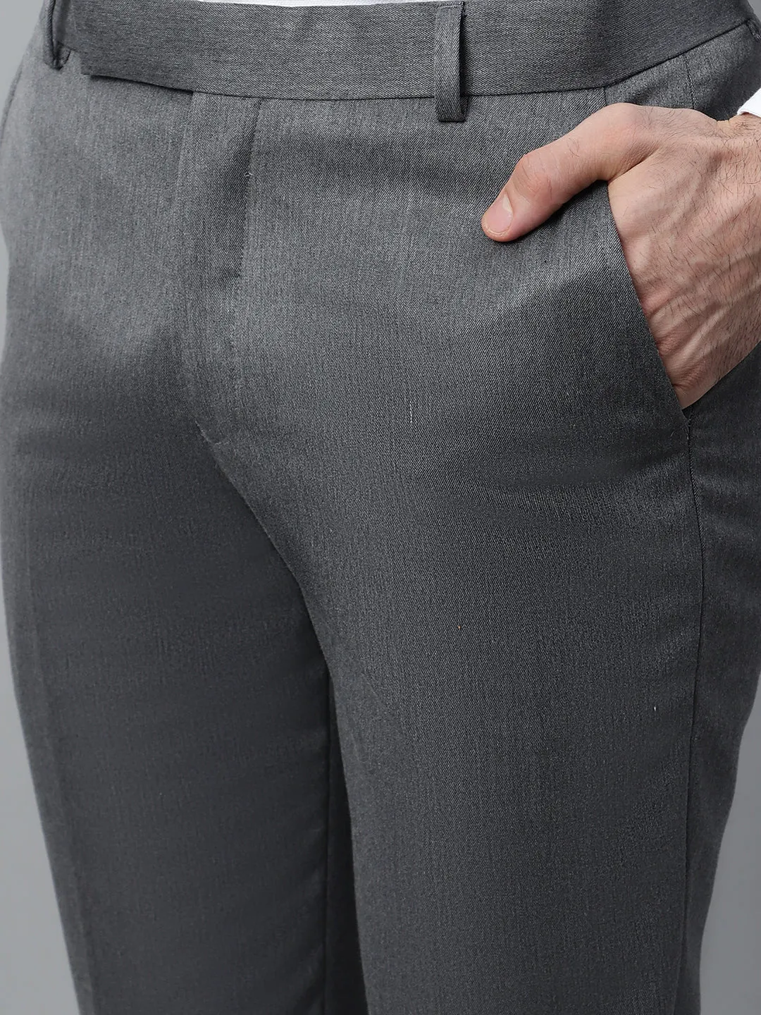 Men's Grey Solid Non-Pleated Stretchable Formal Trouser