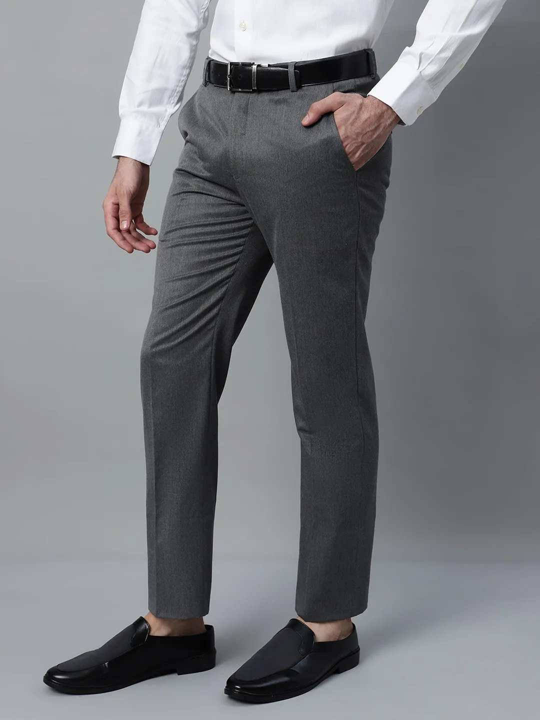 Men's Grey Solid Non-Pleated Stretchable Formal Trouser