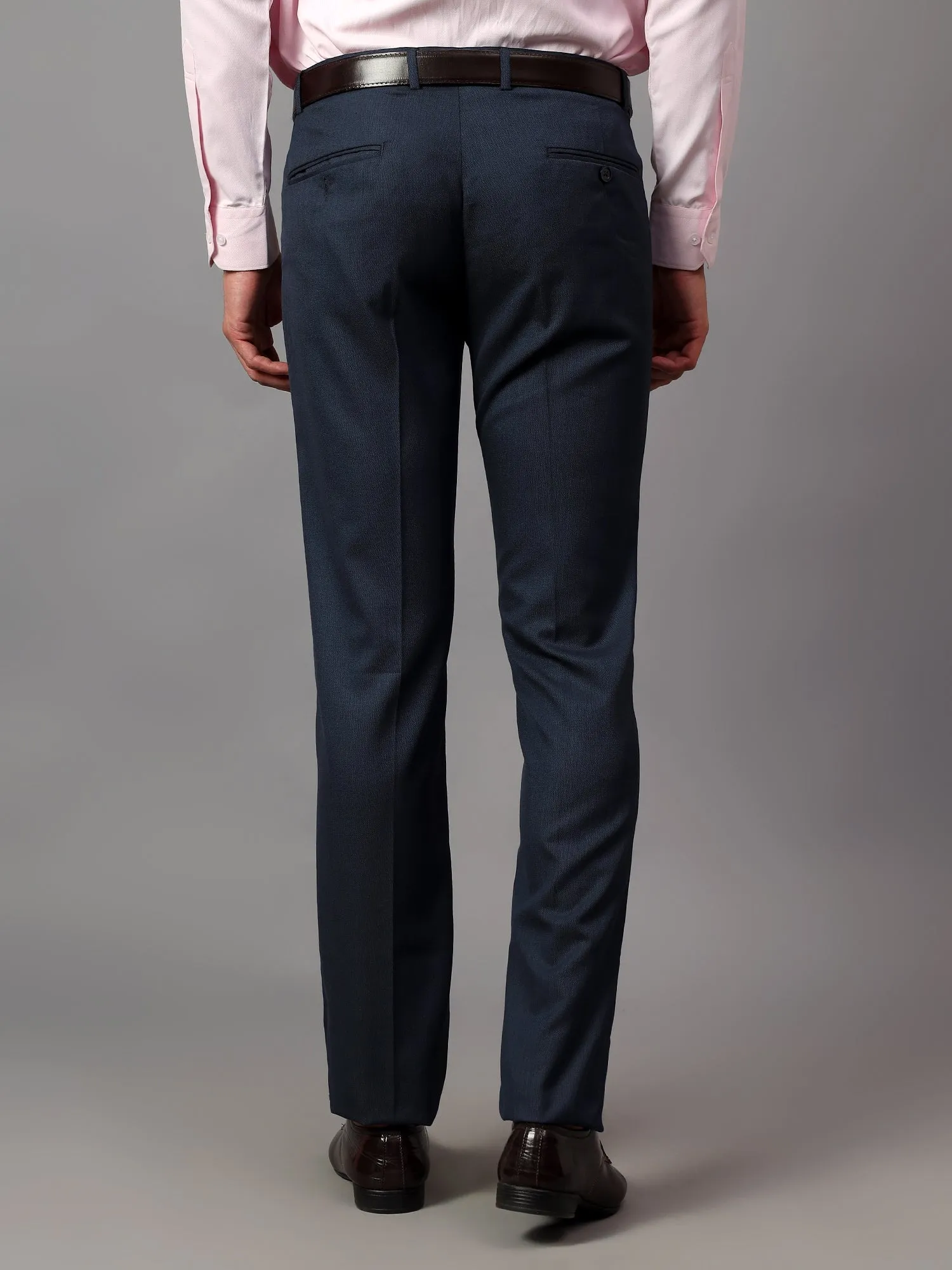 Men's Navy Blue Self Design Non-Pleated Formal Trouser