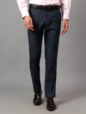 Men's Navy Blue Self Design Non-Pleated Formal Trouser