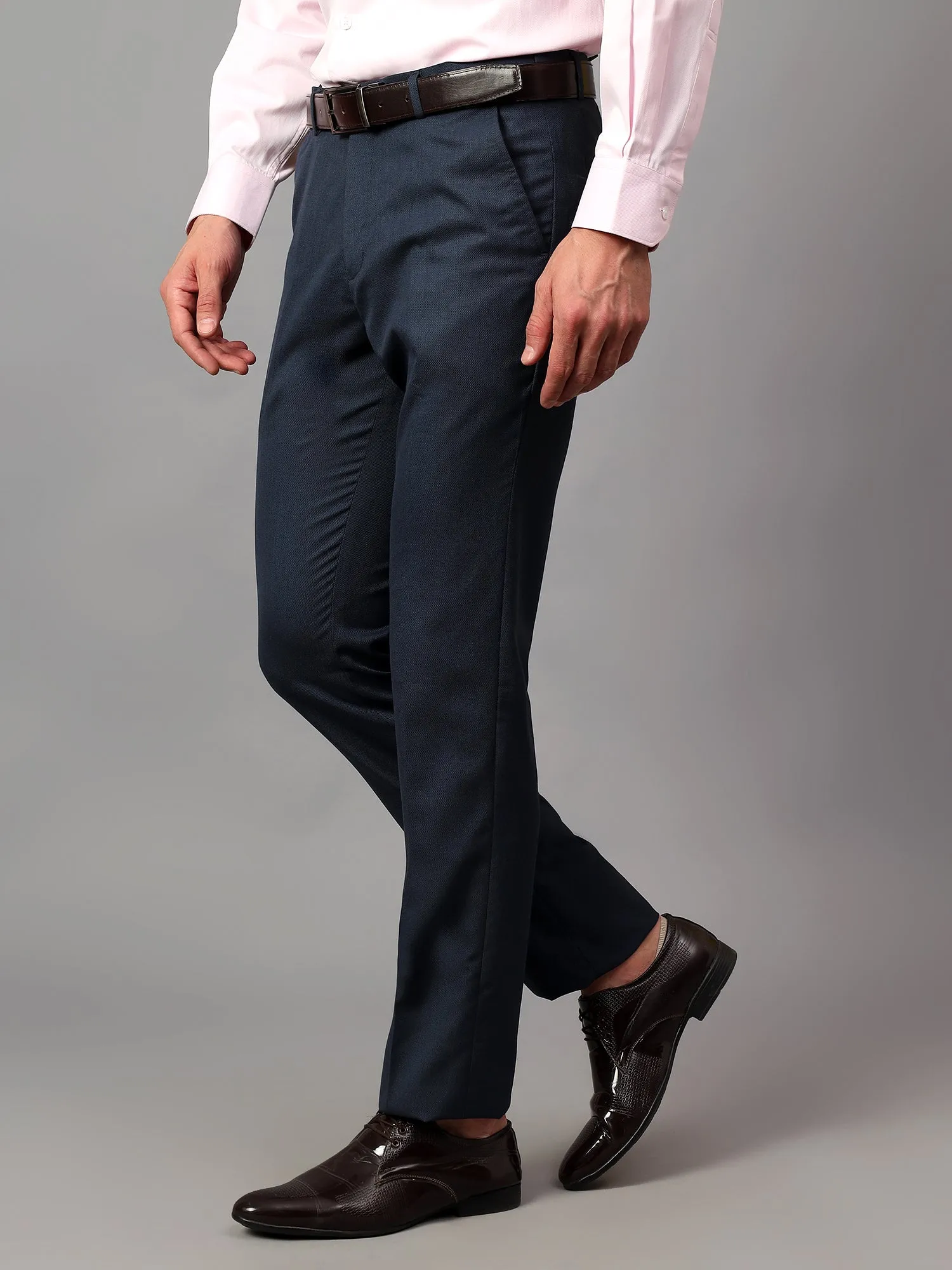 Men's Navy Blue Self Design Non-Pleated Formal Trouser