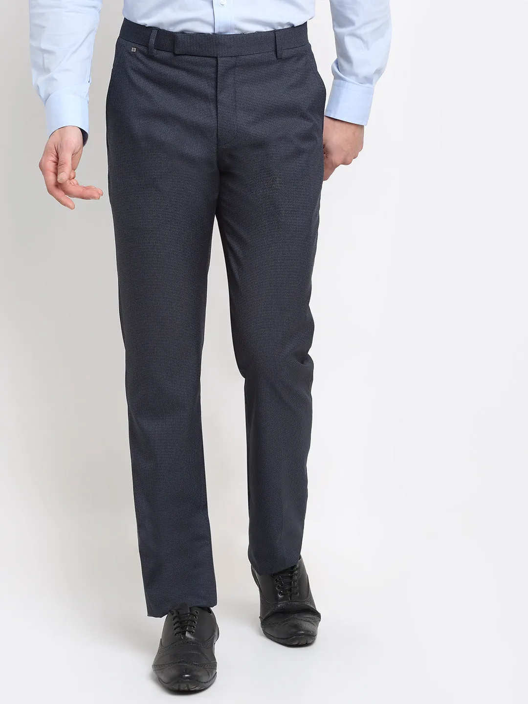 Men's Regular fit Flat front Navy Blue Houndstooth Trousers