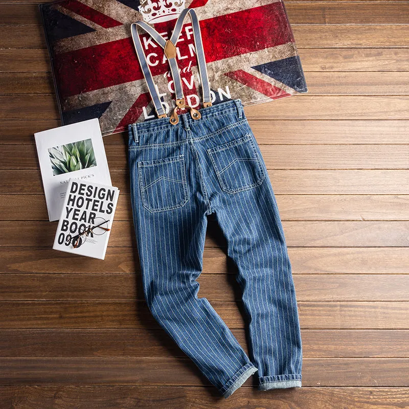 Men's Vintage Casual Striped Denim Pants With Y-Back Removable Suspenders