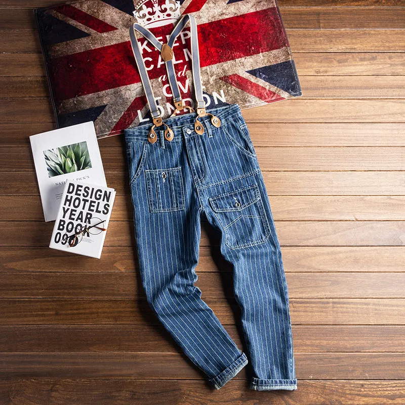 Men's Vintage Casual Striped Denim Pants With Y-Back Removable Suspenders