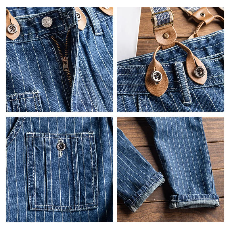 Men's Vintage Casual Striped Denim Pants With Y-Back Removable Suspenders