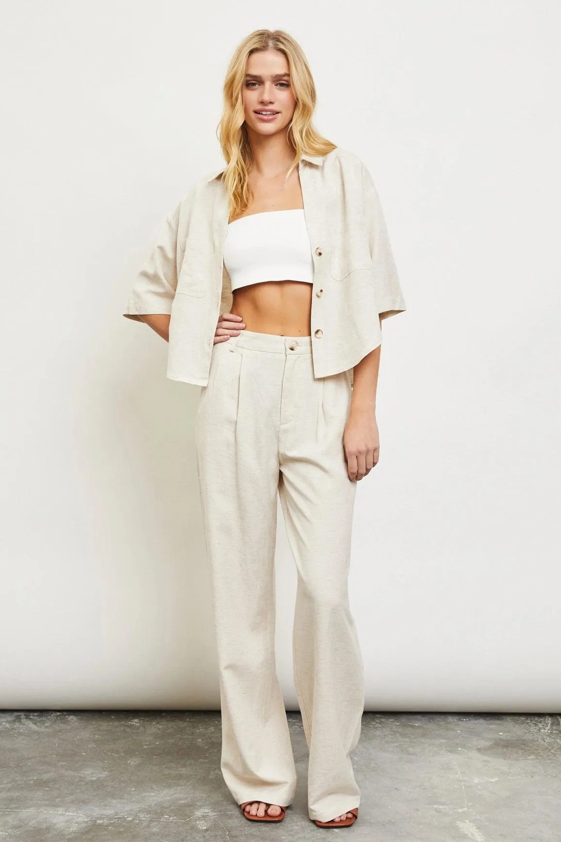 Oatmeal Wide Linen Trousers Pants