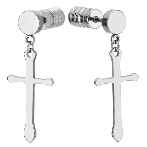 Pair Stainless Steel Mens Womens Stud Earrings with Dangling Cross, Spiked Screw Back