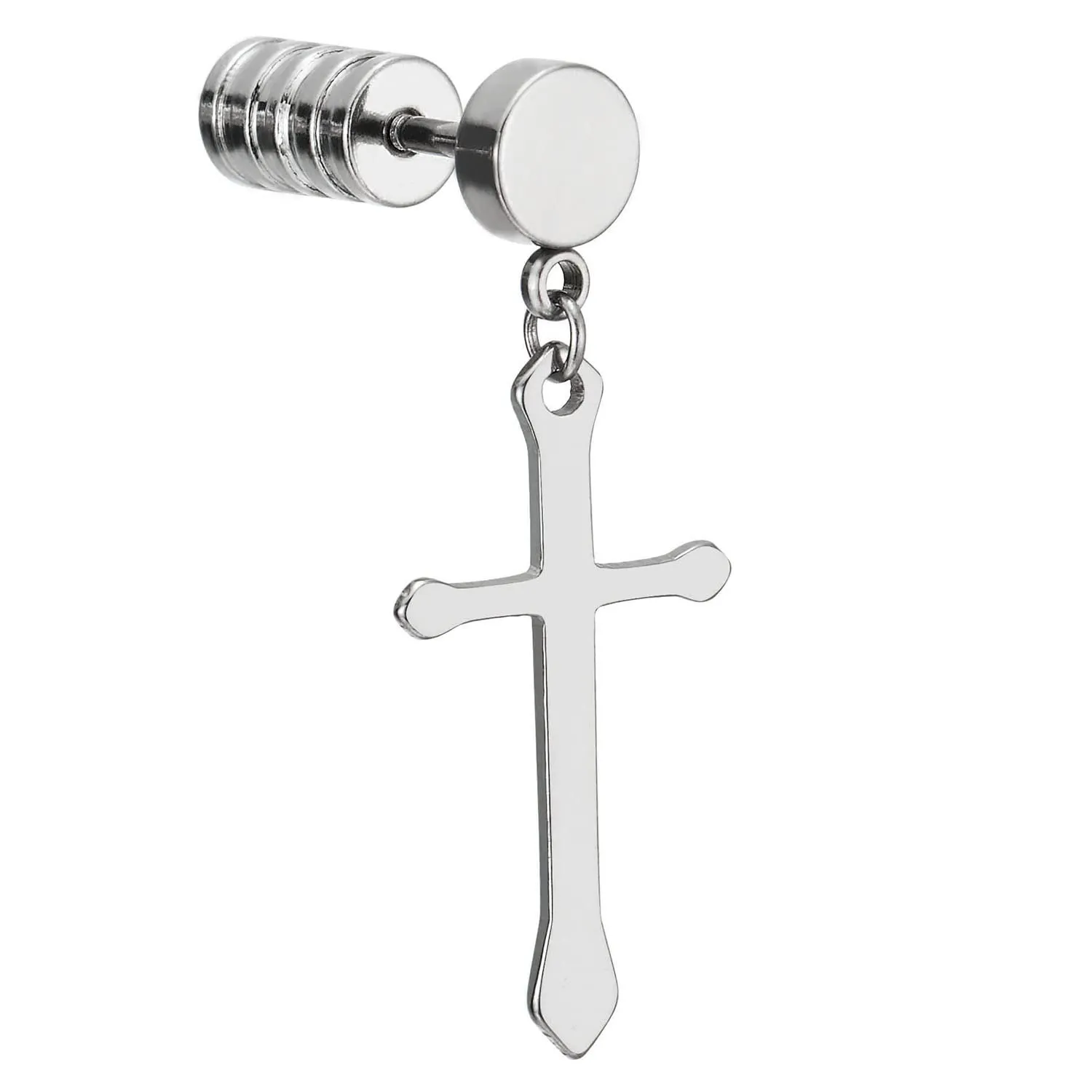 Pair Stainless Steel Mens Womens Stud Earrings with Dangling Cross, Spiked Screw Back