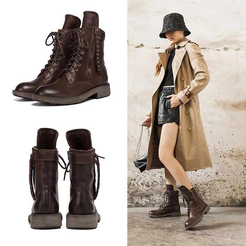 Punk Sheepskin Combat Boots Designer Retro Chunky Riding Boots Side Zip Coffee/Dark Coffee/Black