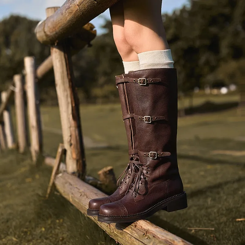 Retro Cow Leather Triple-buckle Design Riding Boots for Women in Brown/Black