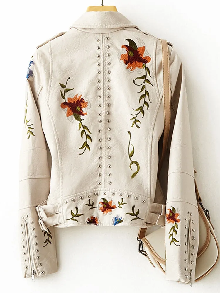 Retro Floral Print Embroidery 
-Faux Soft Leather Jacket 
-Collar "Pu" 
-Punk Outerwear