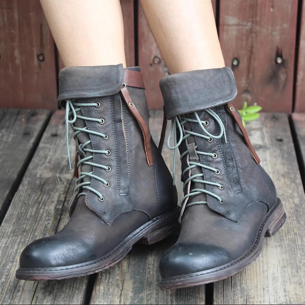 Retro Short Boots Women Handmade Genuine Leather Martin Boots Women Biker Boots Black