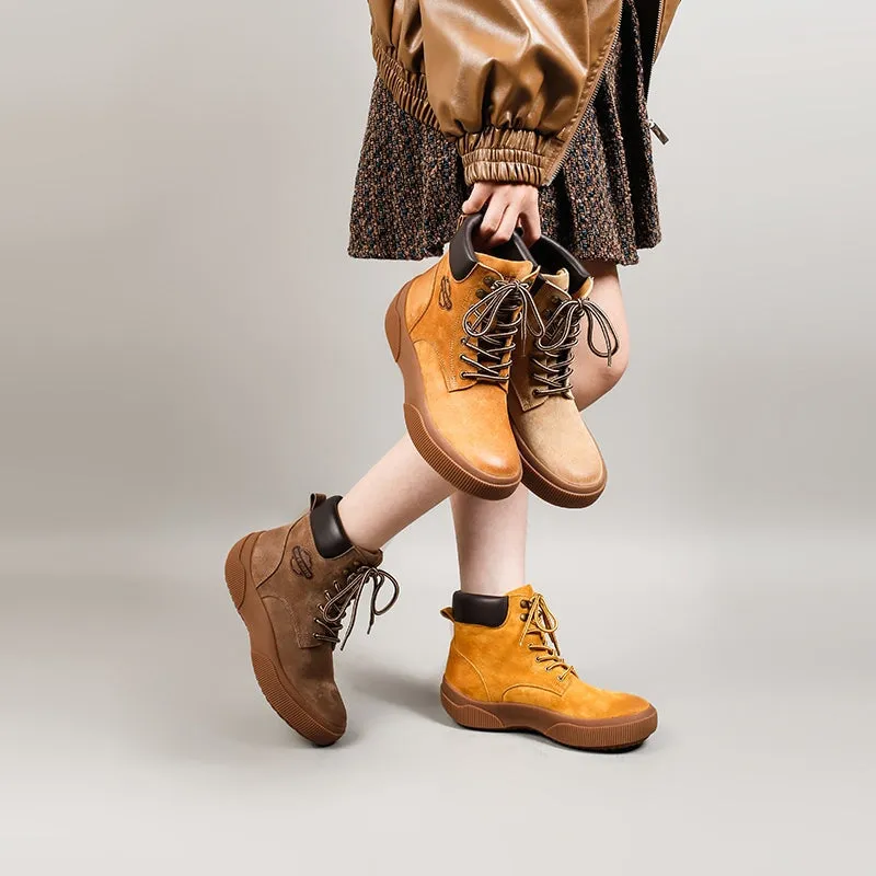 Retro Soft Leather Martin Boots For Women Round Toe Short Boots in Camel/Yellow/Apricot/Grey