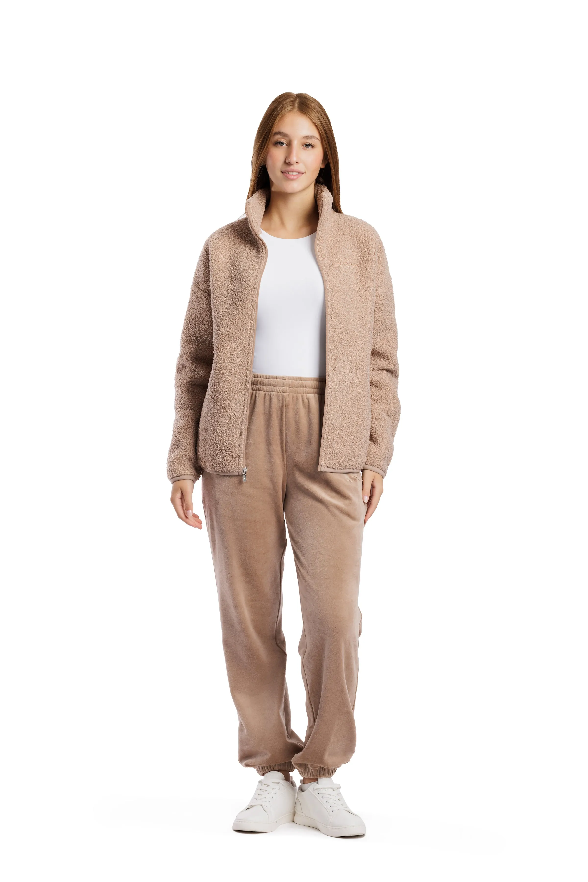 Sara Teddy sherpa zip up jacket in warm taupe