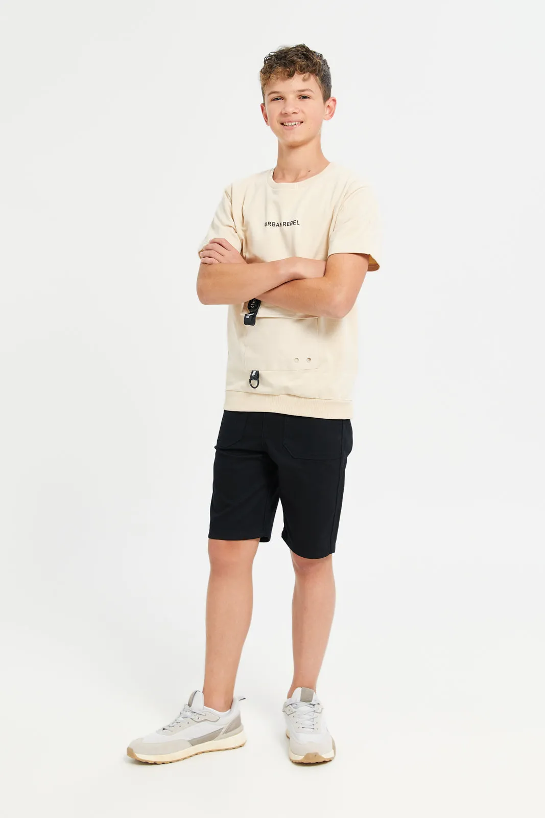 Senior Boys Black Denim Shorts With Patch Pockets