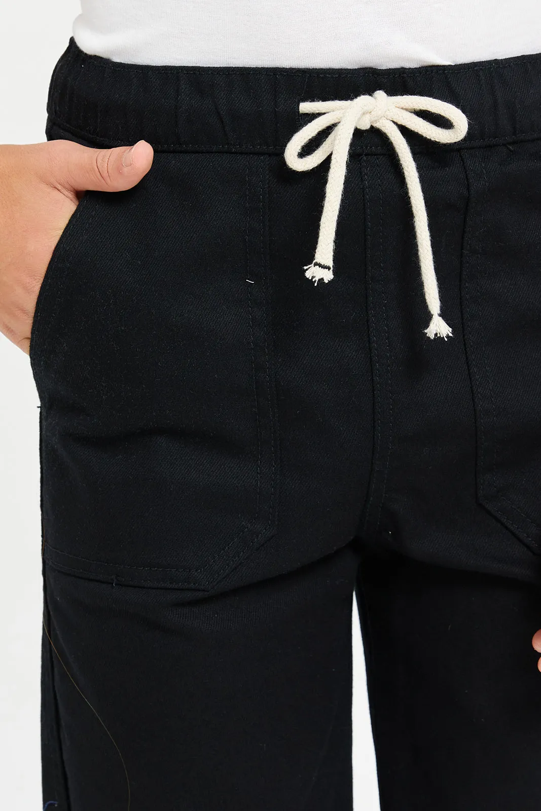 Senior Boys Black Denim Shorts With Patch Pockets