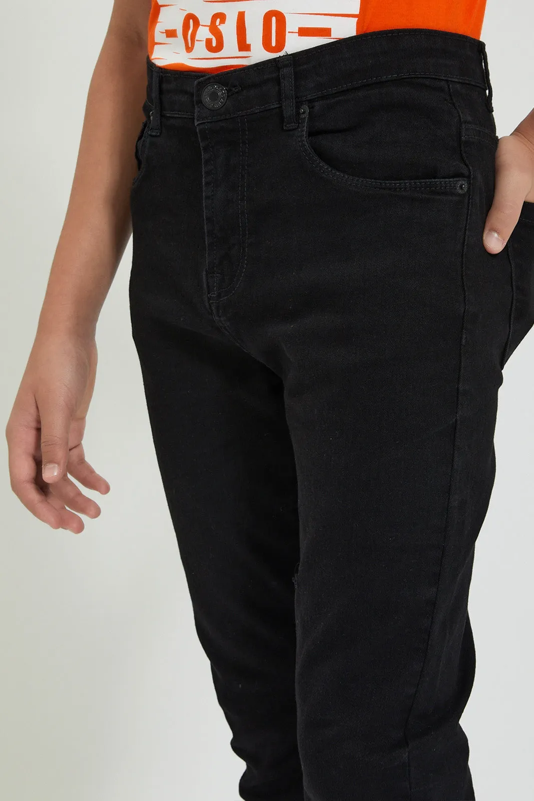 Senior Boys Black Five Pocket Stretch Jean