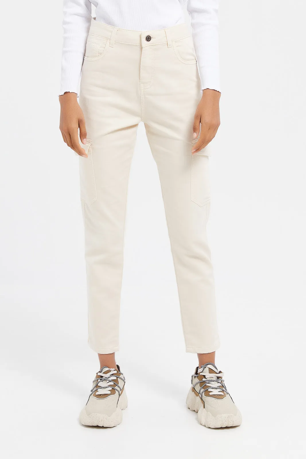 Senior Girls Beige Cargo Pocket Jeans