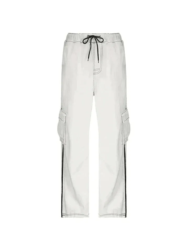 Side Striped White Baggy Cargo Jeans