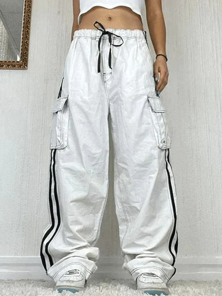 Side Striped White Baggy Cargo Jeans