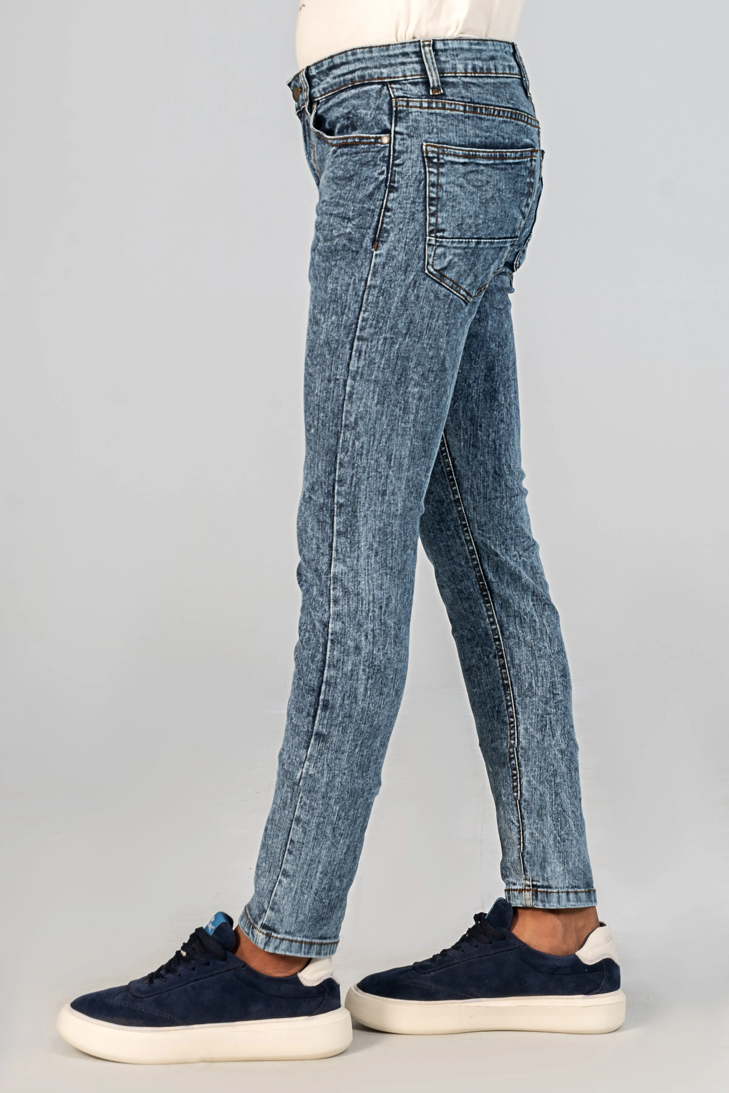 SLIM LEG DENIM JEANS MID BLUE RANDOM WASH