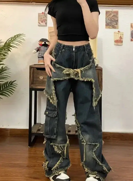 Star Graphic Print Vintage Vibe Style Jeans