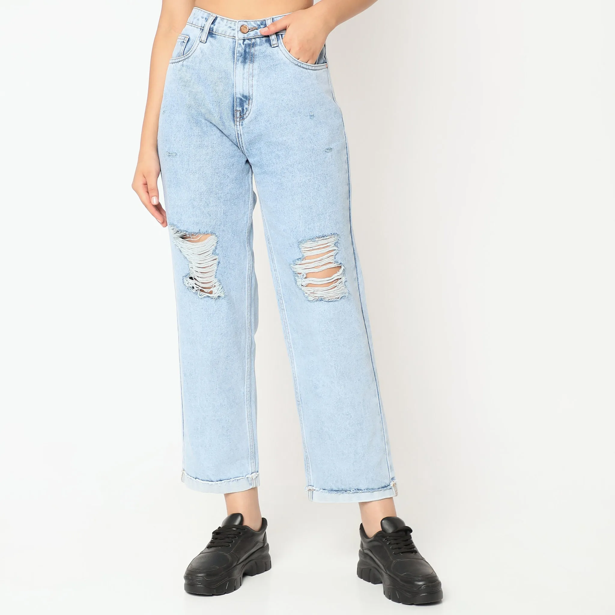 Straight Fit Distressed High Rise Jeans