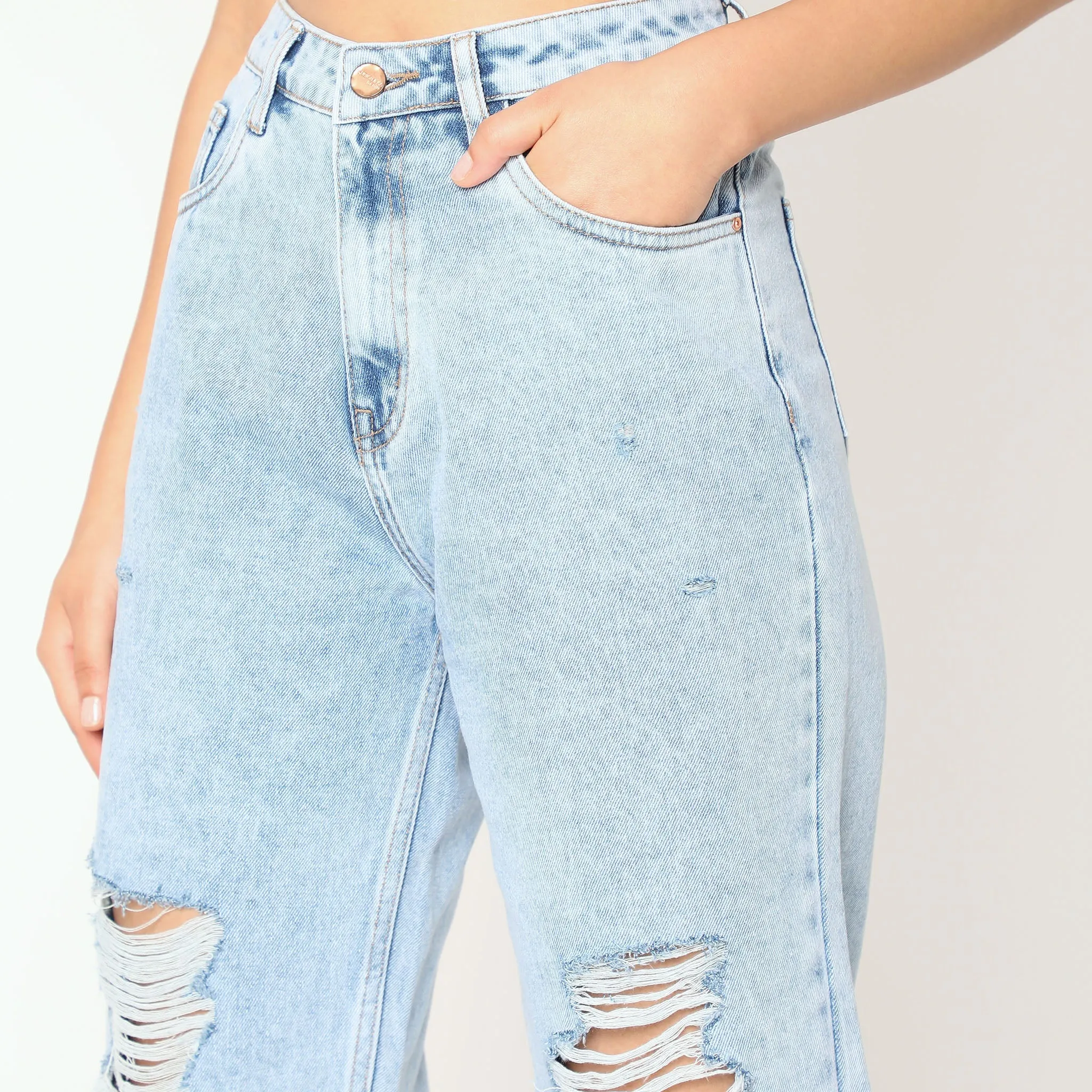 Straight Fit Distressed High Rise Jeans