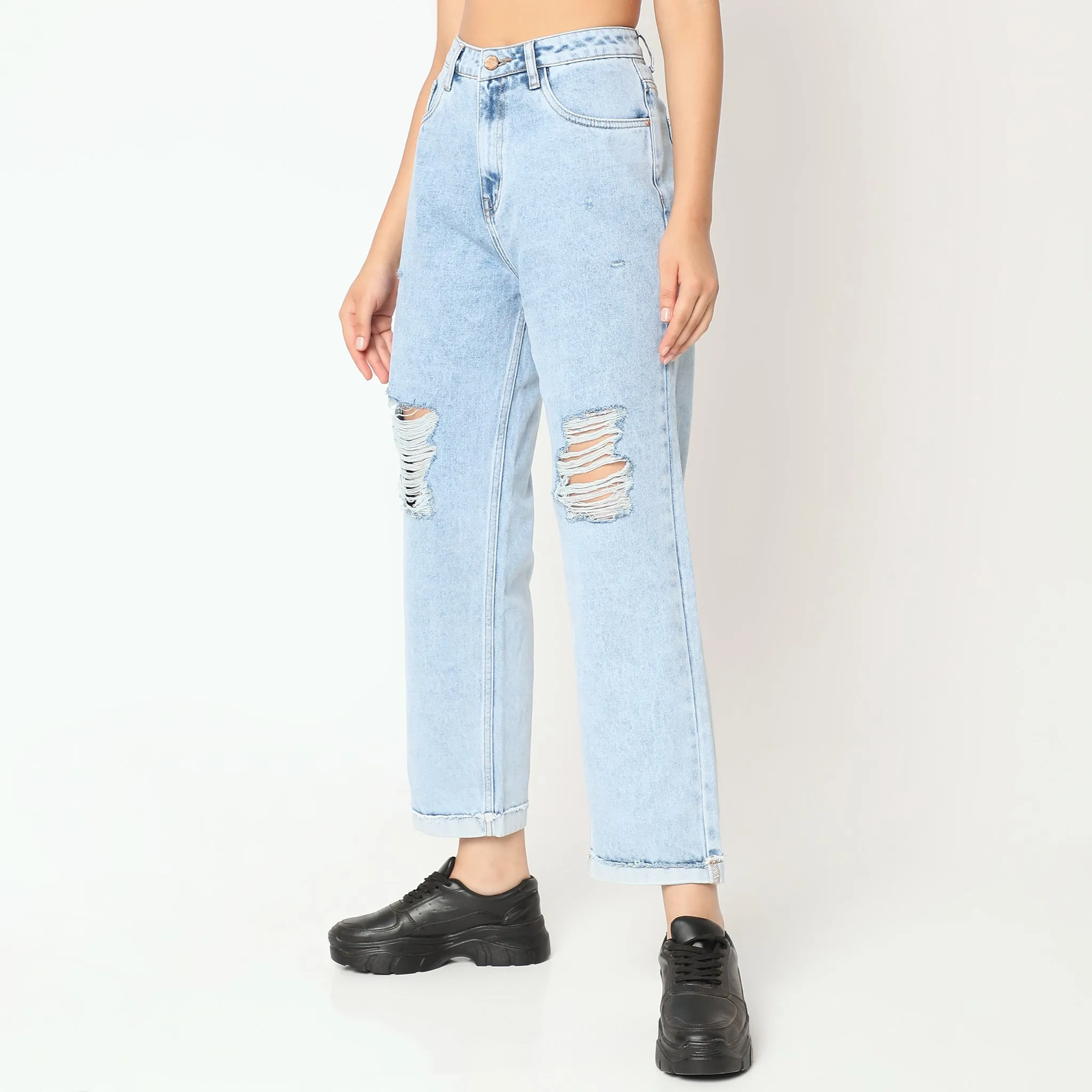 Straight Fit Distressed High Rise Jeans