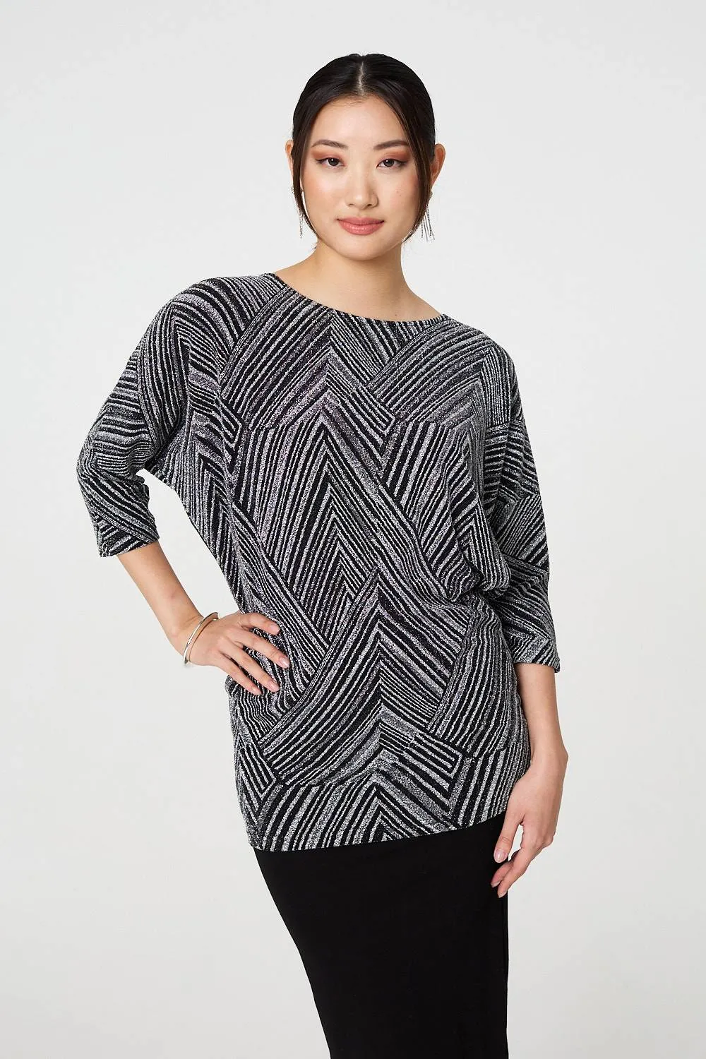 Striped Metallic 3/4 Batwing Sleeve Top