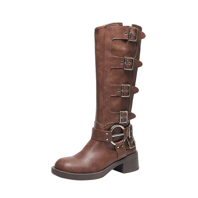 Stylish Multi Buckle Chunky Knee-high Boots for Autumn Wear