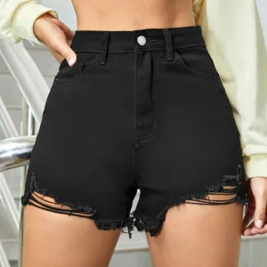 Summer Denim High Waisted Plus Size Ripped Hem Wide Leg Shorts