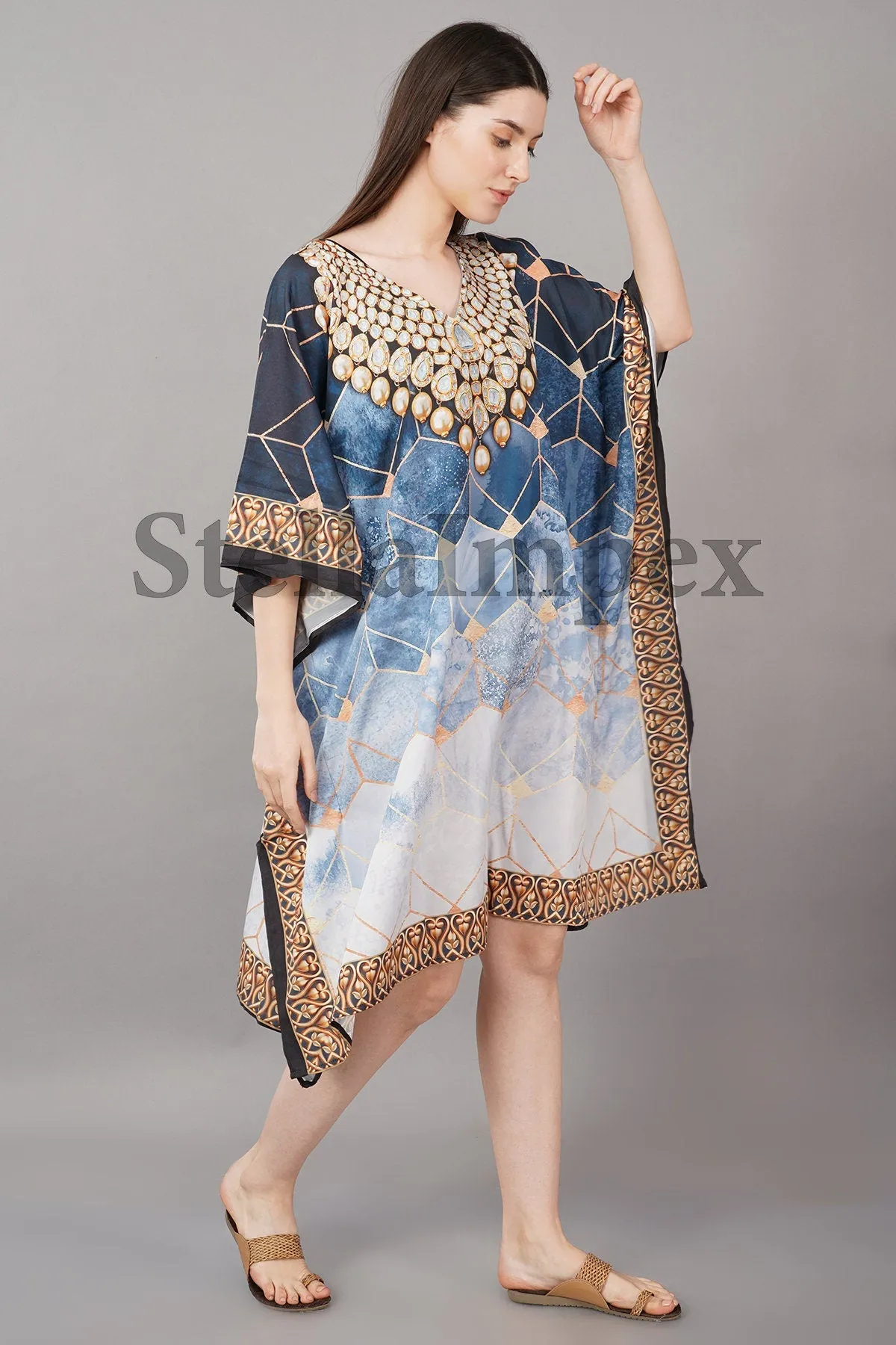 Trendy Crepe Silk Kaftan, Elegant Blue Short Caftan Resort Wear Beach Dress Boho Kaftan, Gift for Her