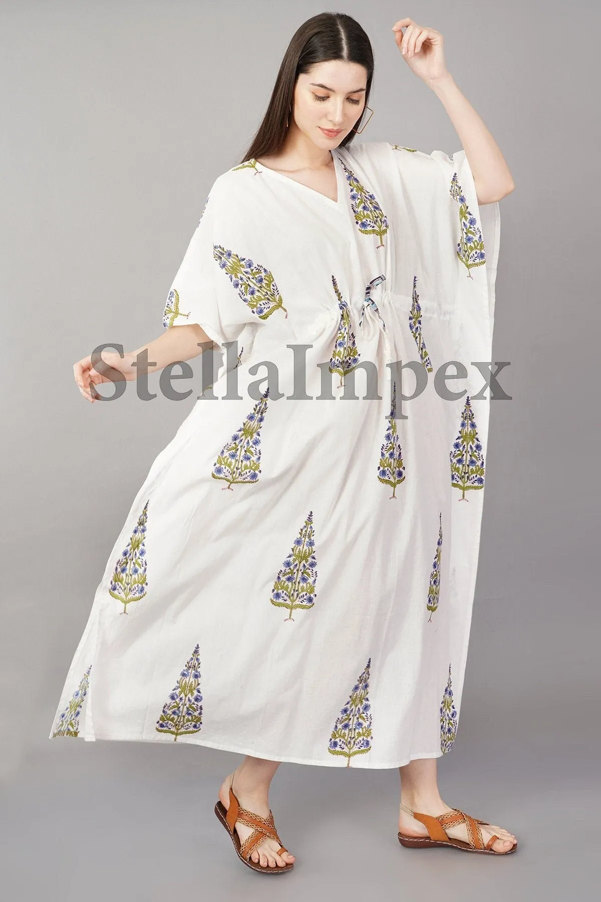 Trendy Hand block Printed Cotton Kaftan Elegant White Long Caftan Resort Wear Beach Dress Boho Kaftan, Gift for Her