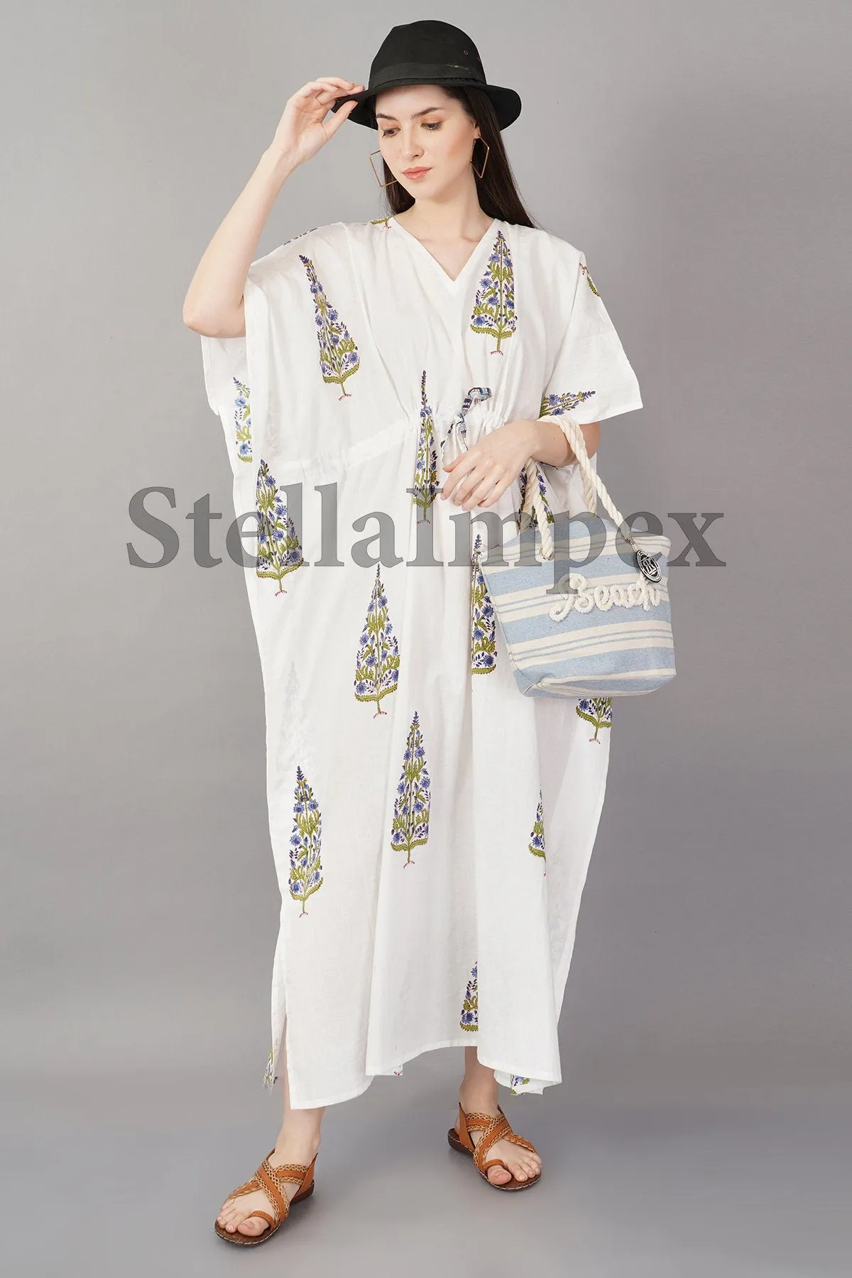 Trendy Hand block Printed Cotton Kaftan Elegant White Long Caftan Resort Wear Beach Dress Boho Kaftan, Gift for Her