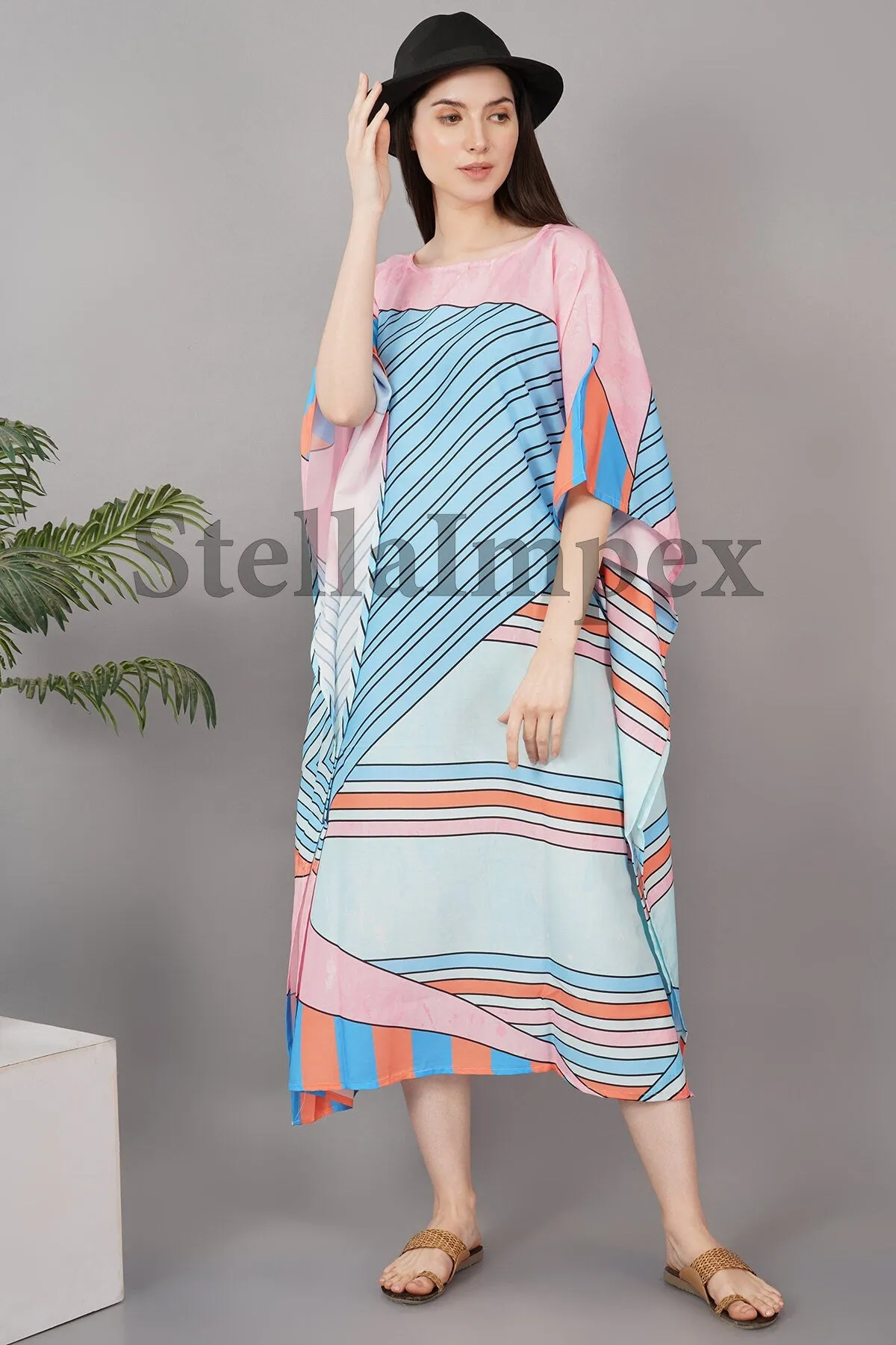 Trendy Handmade Rayon Kaftan, Elegant Blue & Pink Long Caftan Resort Wear Beach Dress Boho Kaftan, Gift for Her