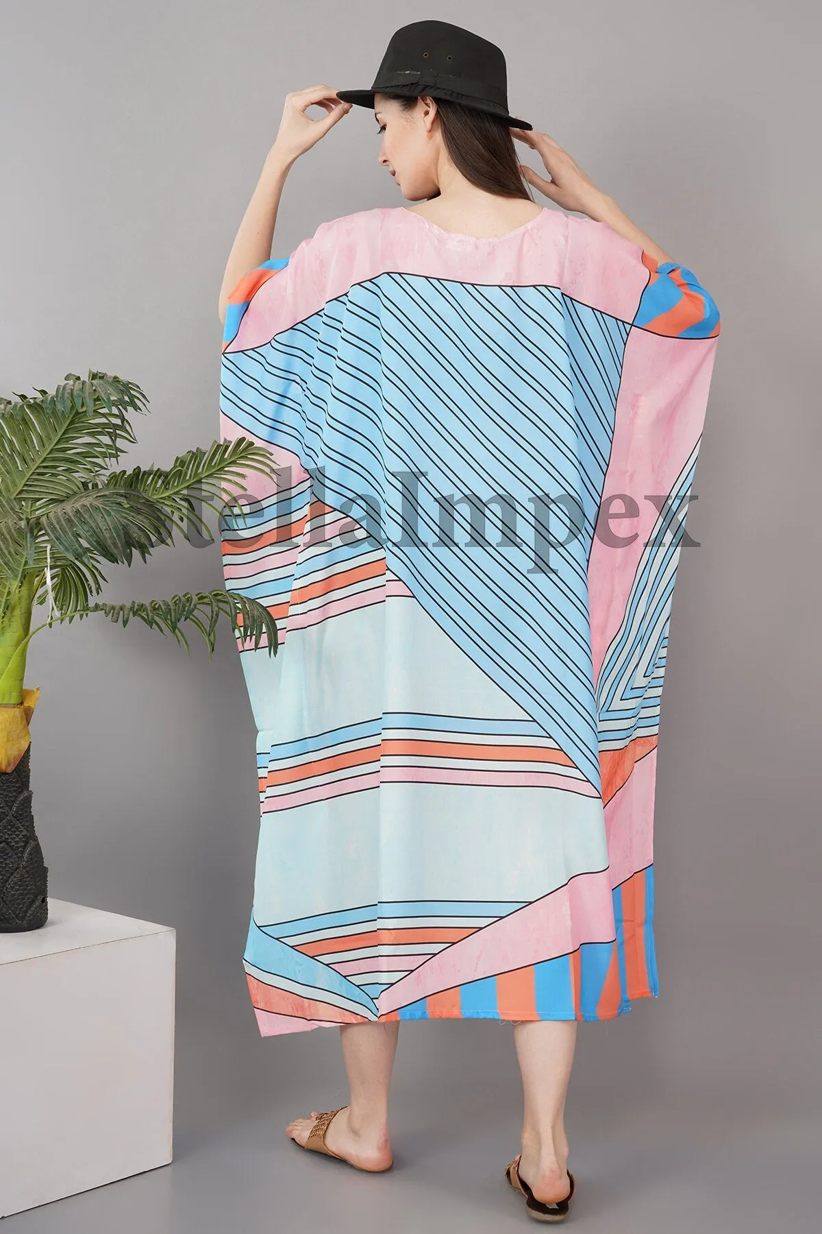 Trendy Handmade Rayon Kaftan, Elegant Blue & Pink Long Caftan Resort Wear Beach Dress Boho Kaftan, Gift for Her