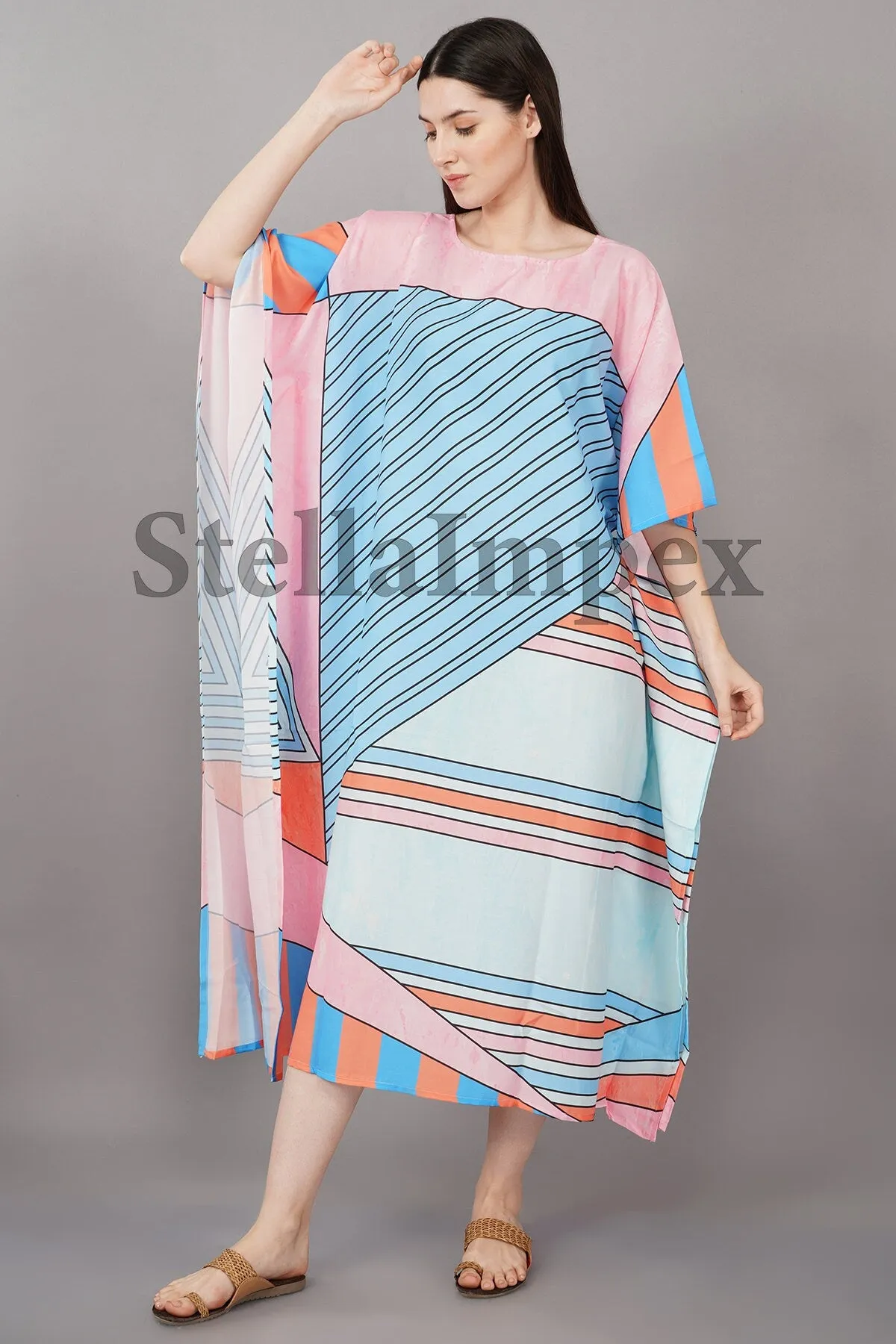 Trendy Handmade Rayon Kaftan, Elegant Blue & Pink Long Caftan Resort Wear Beach Dress Boho Kaftan, Gift for Her