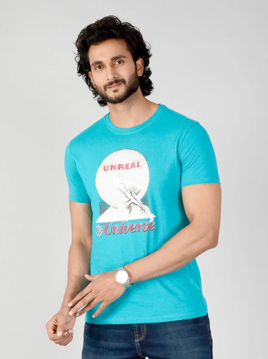 Turquoise Blue Printed Slim Fit T-shirt | JadeBlue